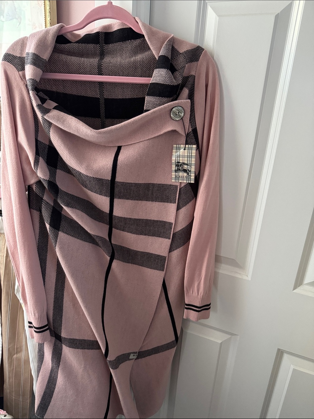 Inspired Pink Plaid Cardigan with Button Cowl